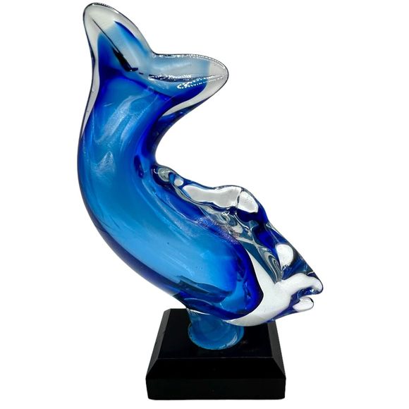Vintage Art Glass Fish Blue with Wood Base Figurine Paperweight Signed 1985 - Picture 1 of 12